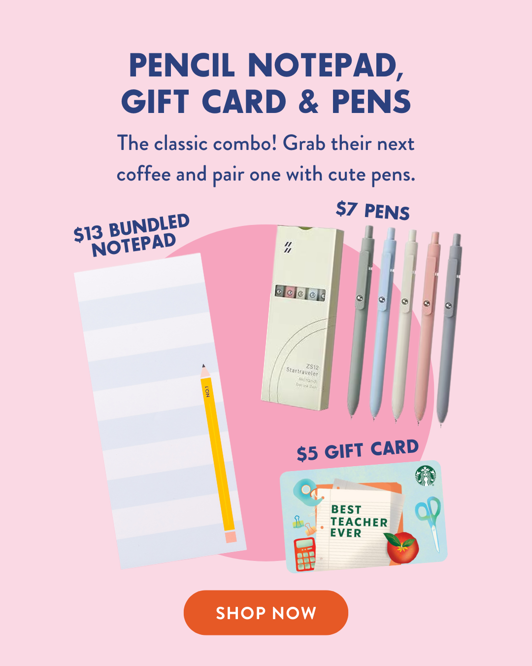 Teacher Gift Under $25 : Pencil Notepad, Gift Card & Pens