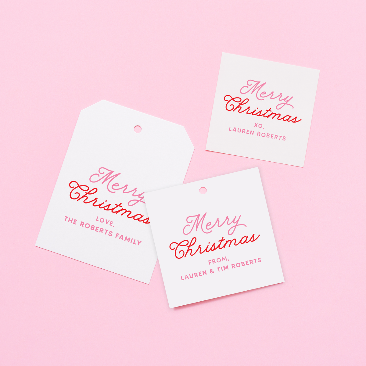 Merry Christmas Pink Script Personalized Tag or Sticker