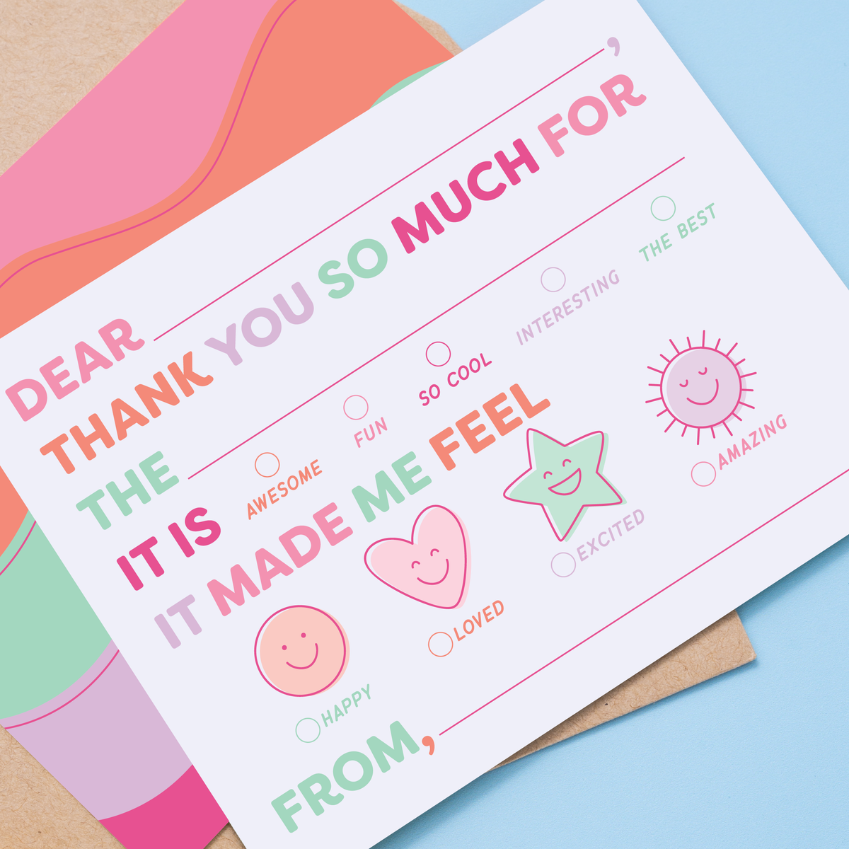 Kids Emotions Thank You Notes &amp; Party Favor Sticker Bundle - Pink