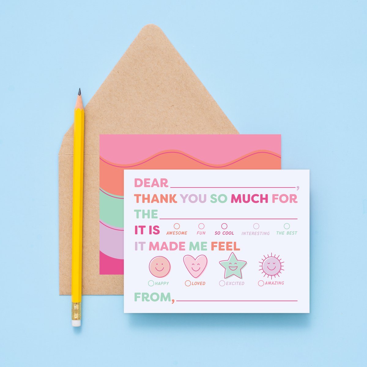 Kids Emotions Thank You Notes &amp; Party Favor Sticker Bundle - Pink
