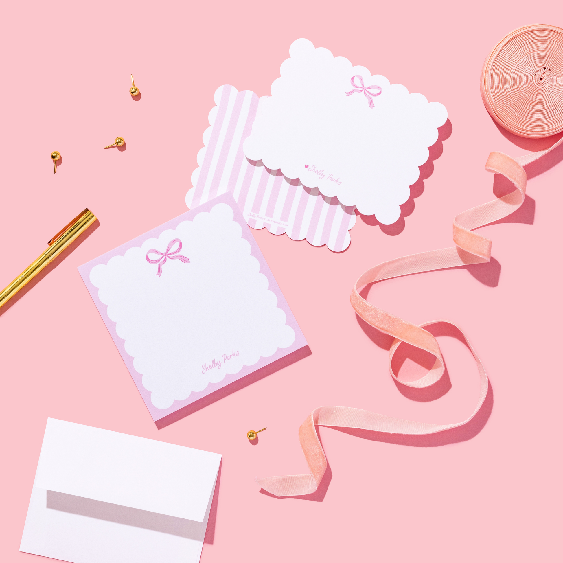 Shelby Parks Pink Bow Personalized Scallop Stationery and Notepad Bundle