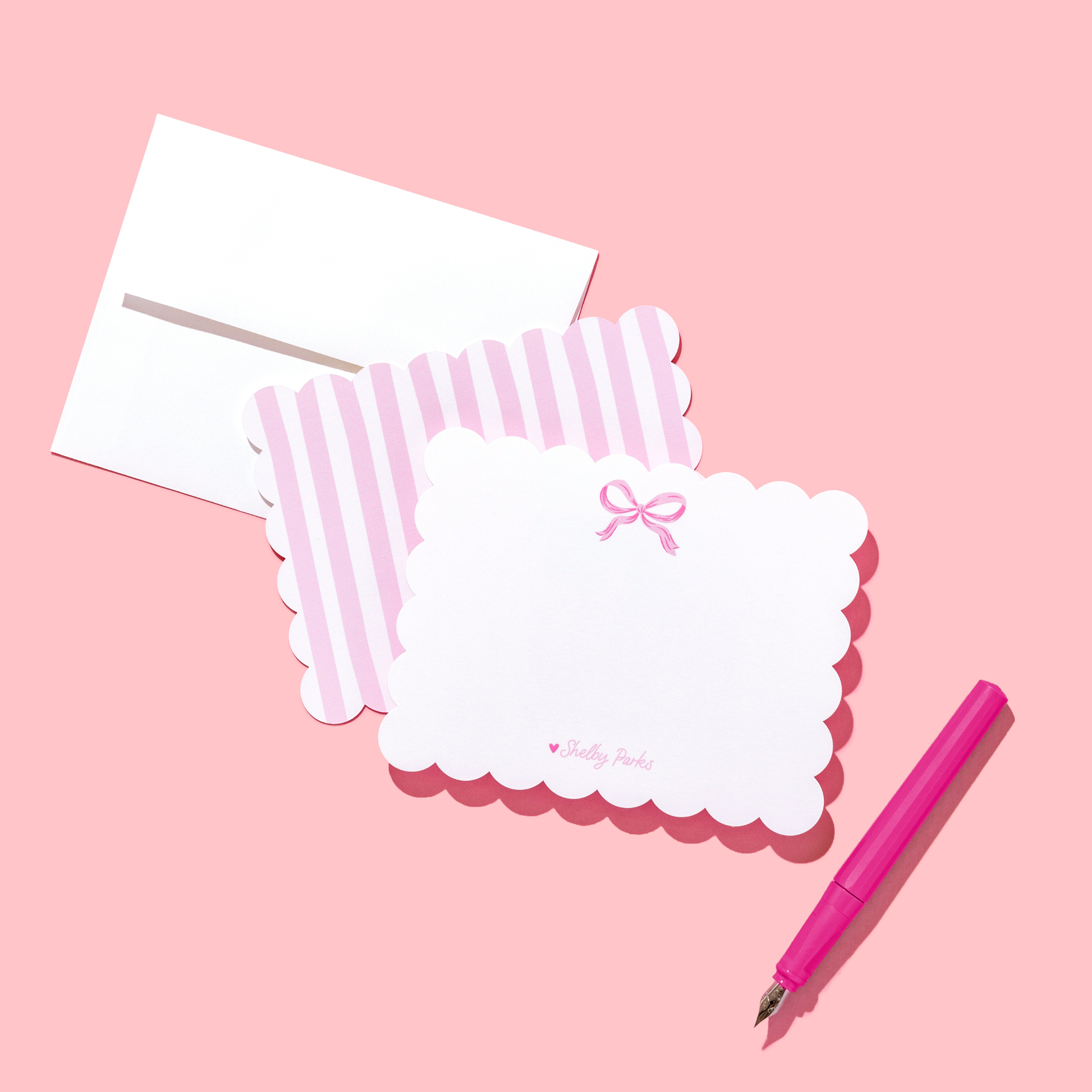 Shelby Parks Pink Bow Personalized Scallop Stationery