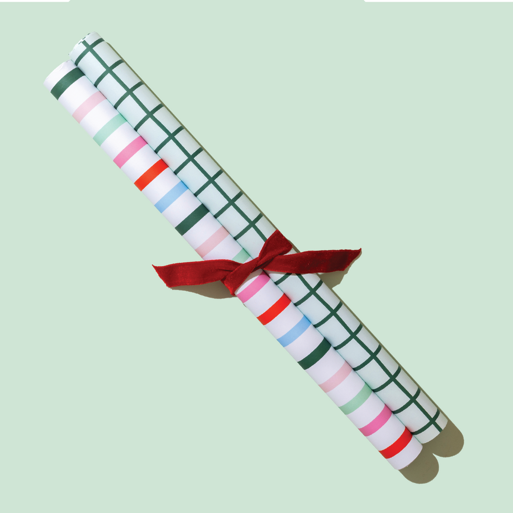 Mint Grid & Thin Stripe Gift Wrap Sheets Set