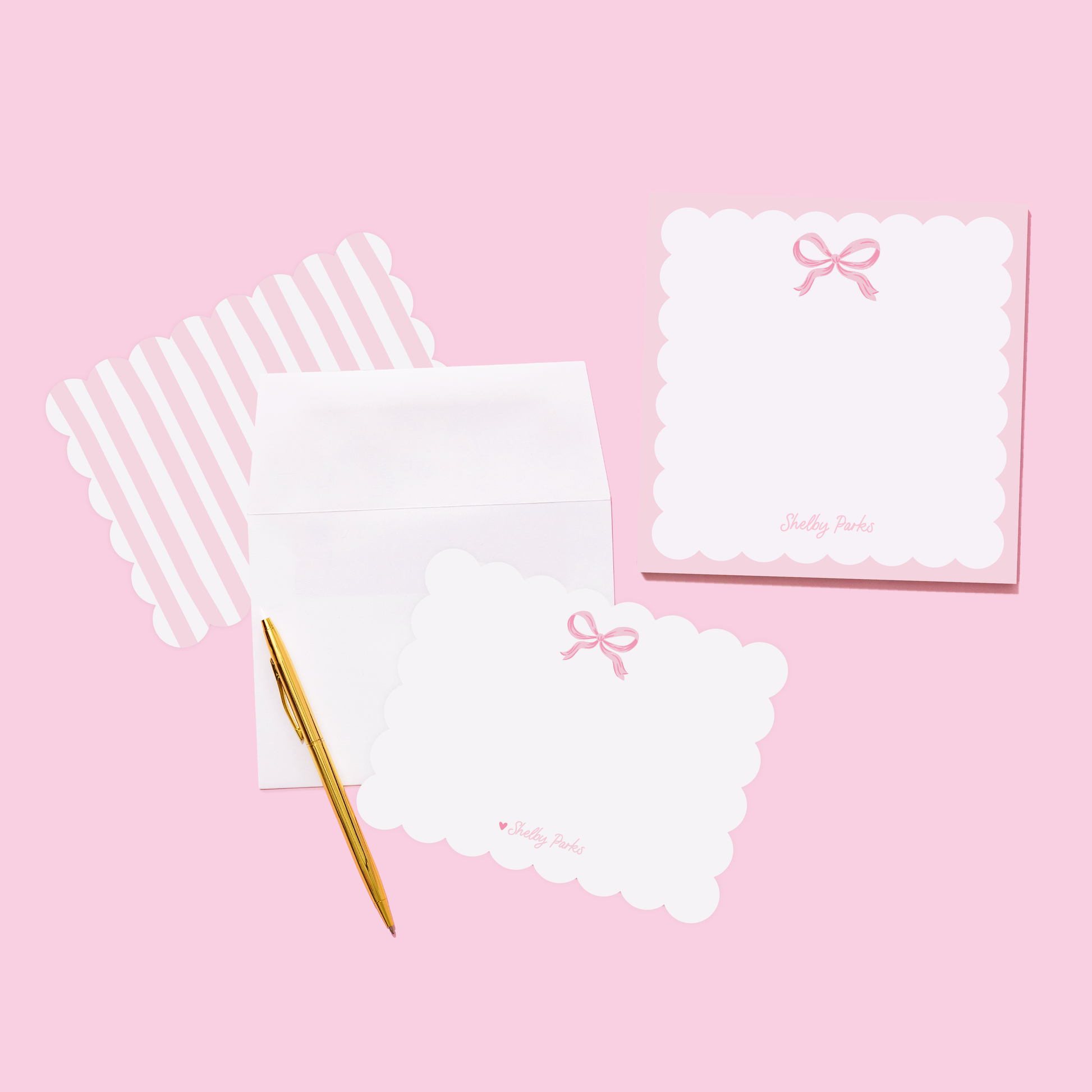 Shelby Parks Pink Bow Personalized Scallop Stationery and Notepad Bundle