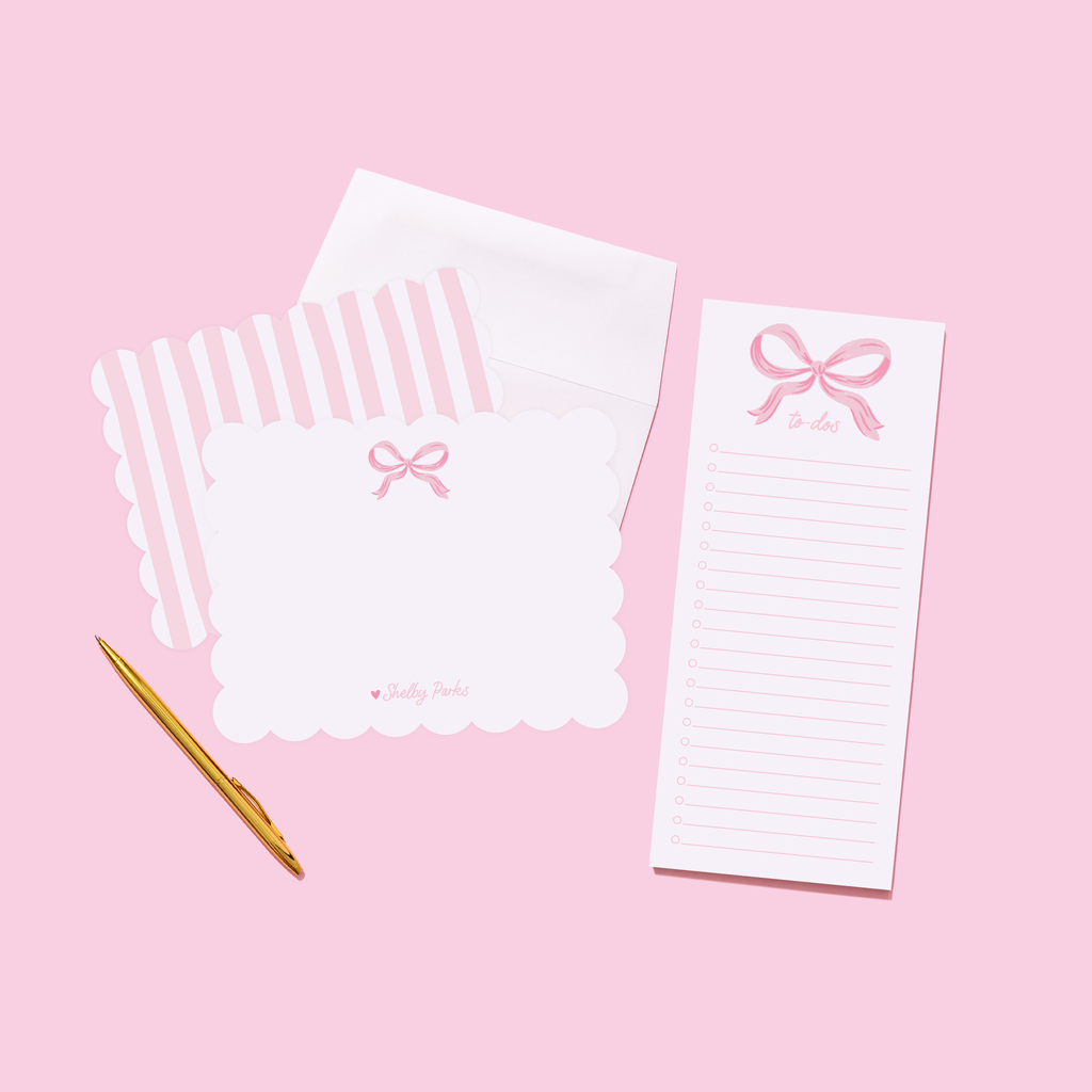 Shelby Parks Pink Bow Personalized Scallop Stationery and To-Dos Notepad Bundle