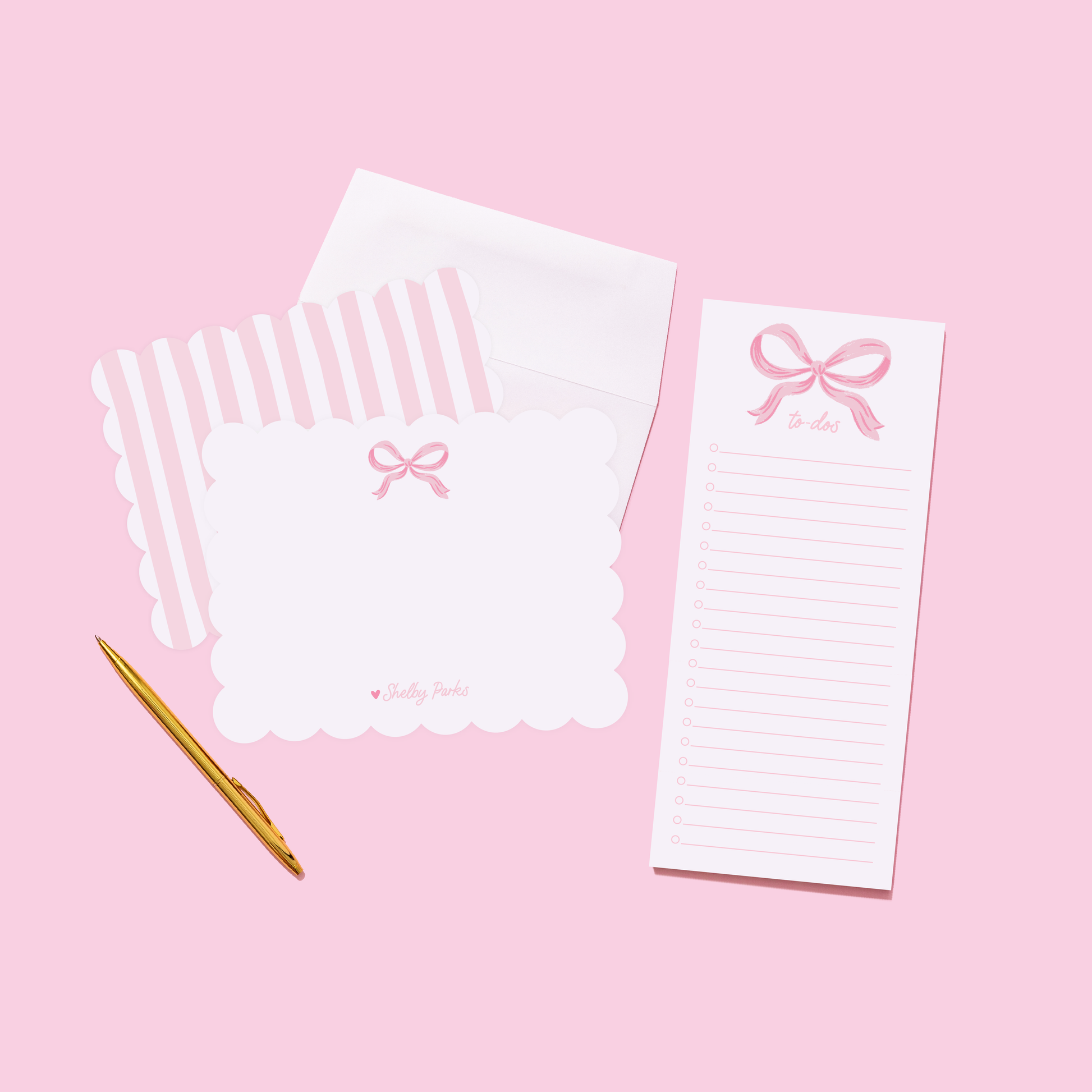 Shelby Parks Pink Bow Personalized Scallop Stationery and To-Dos Notepad Bundle