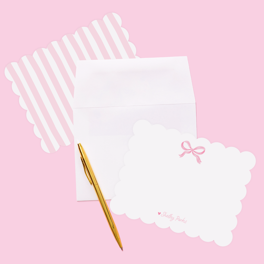 Shelby Parks Pink Bow Personalized Scallop Stationery and To-Dos Notepad Bundle