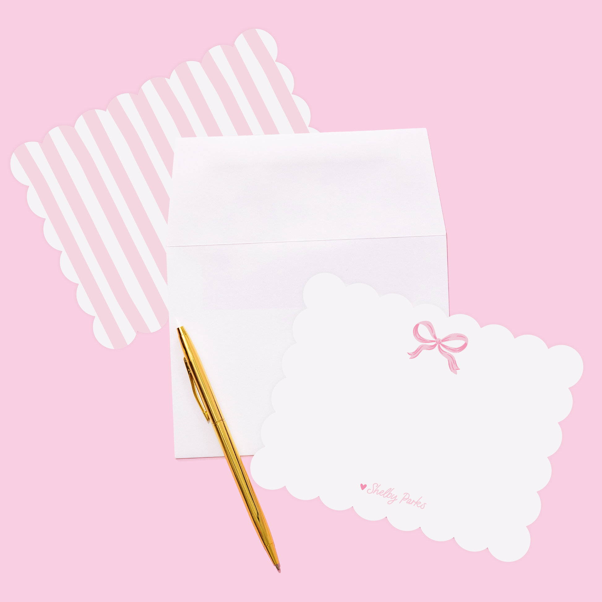 Shelby Parks Pink Bow Personalized Scallop Stationery