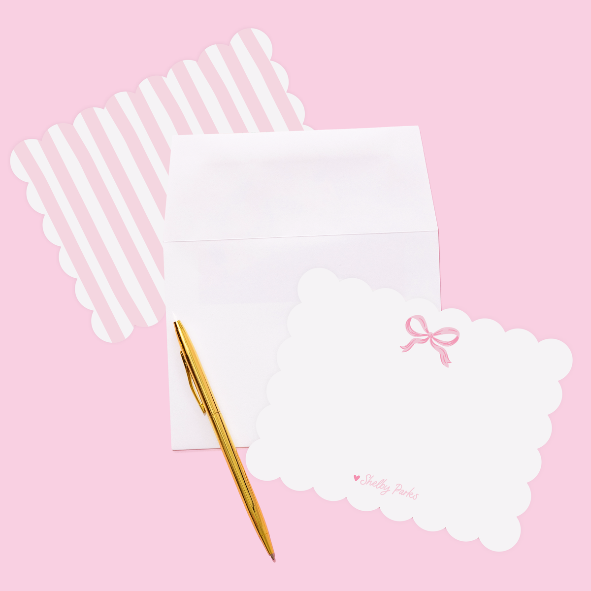 Shelby Parks Pink Bow Personalized Scallop Stationery and Notepad Bundle