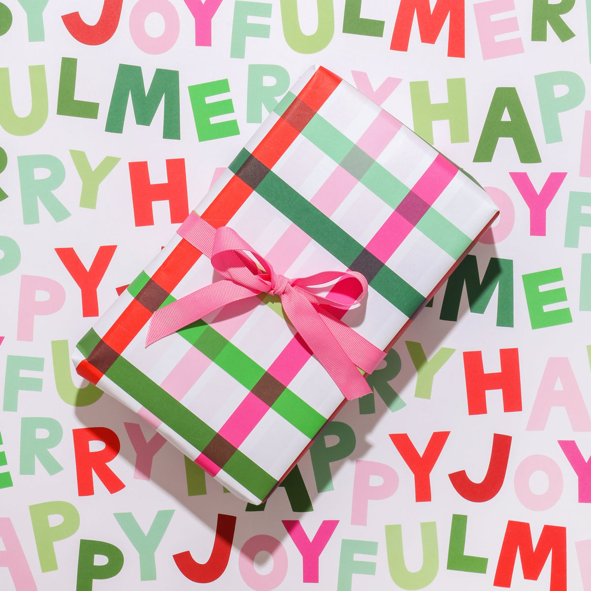 Merry Happy Joyful &amp; Holiday Plaid Double Sided Gift Wrap Sheets