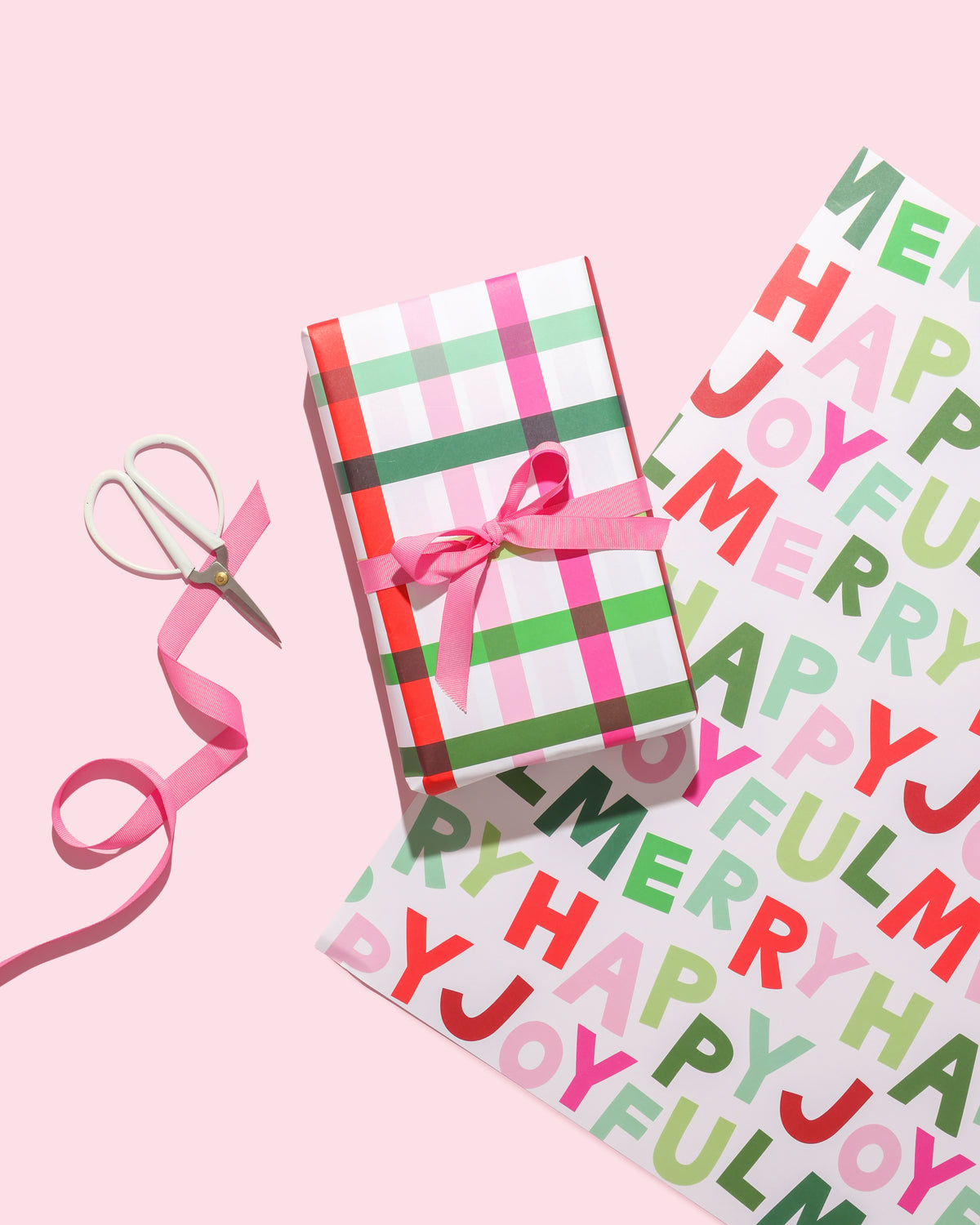 Merry Happy Joyful &amp; Holiday Plaid Double Sided Gift Wrap Sheets