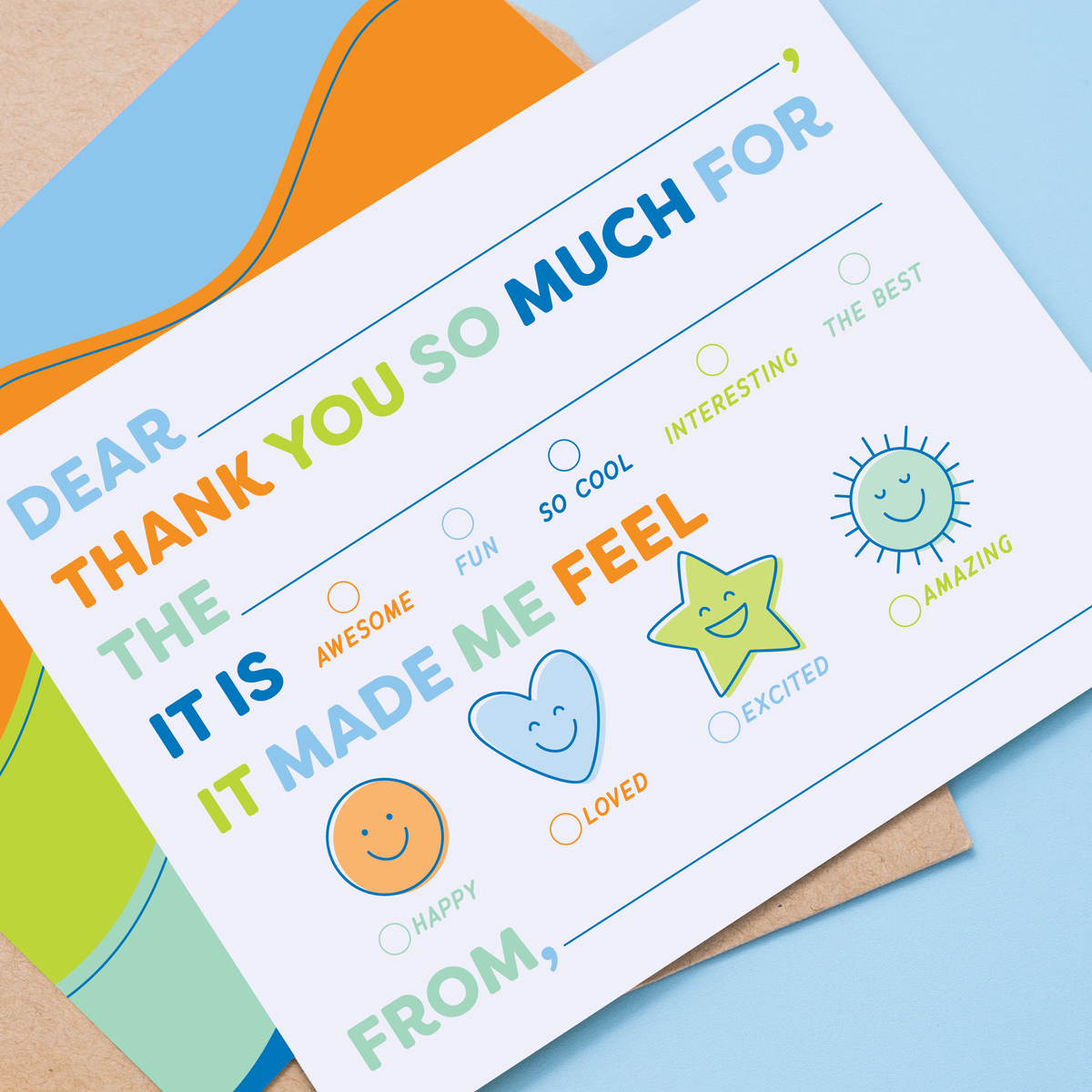 Kids Emotions Thank You Notes &amp; Party Favor Sticker Bundle - Blue