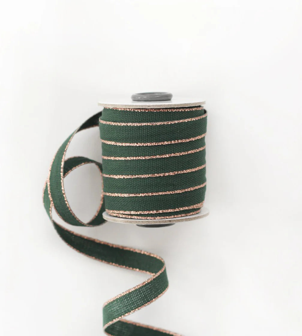 Glitter Edge Cotton Ribbon - Cypress Green & Rose Gold