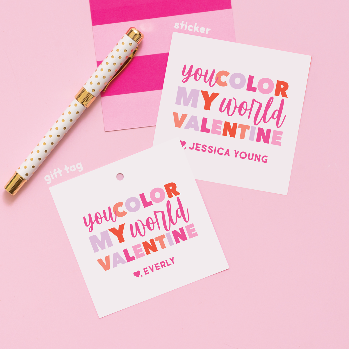 You Color My World - Pink Valentine&#39;s Stickers or Gift Tags