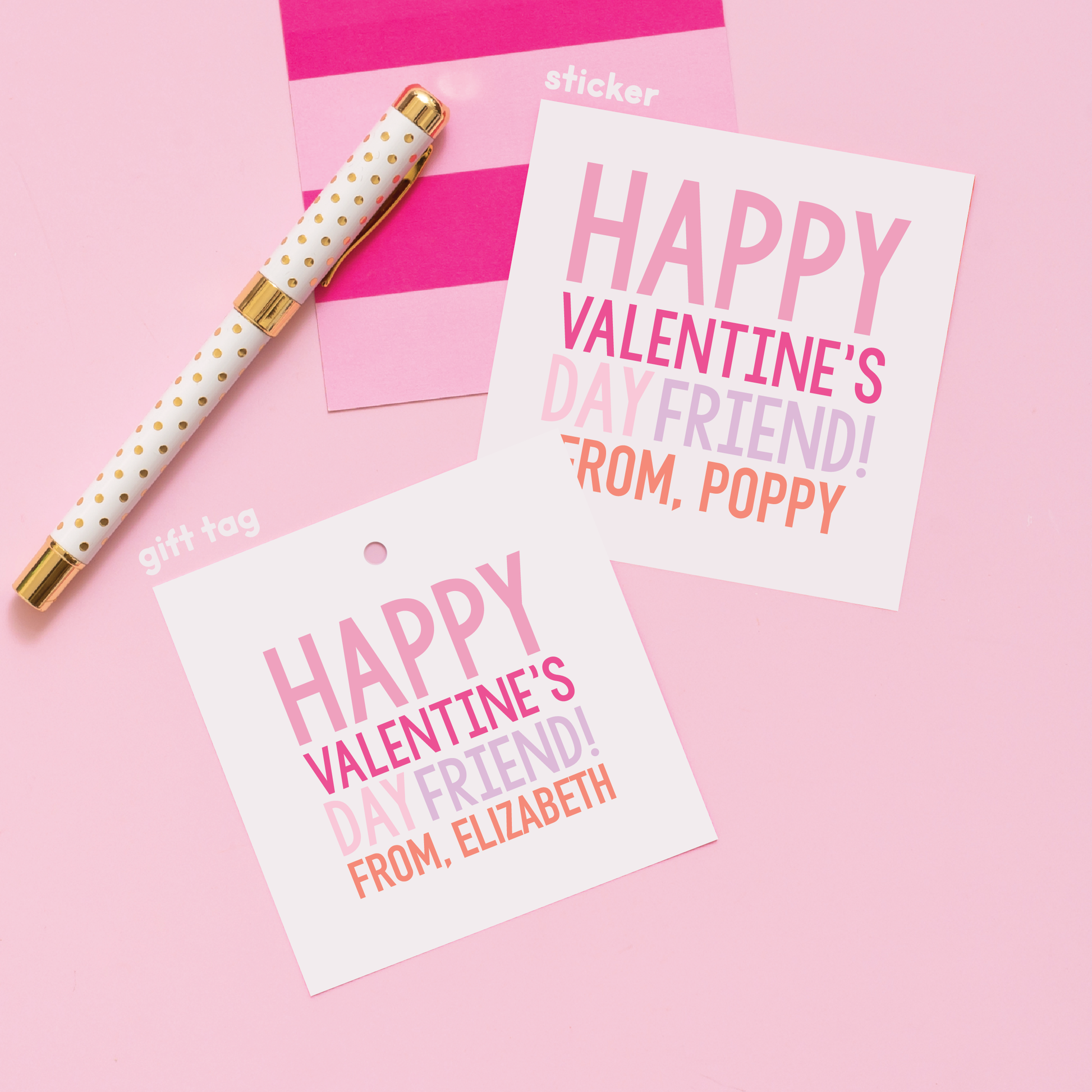 Happy Valentine's Day Friend Stickers or Gift Tags Pink