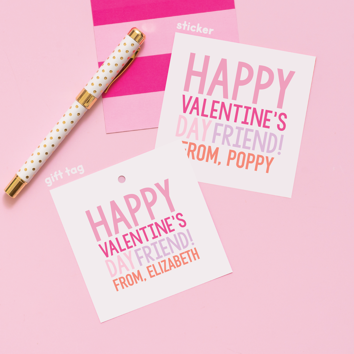 Happy Valentine&#39;s Day Friend Stickers or Gift Tags Pink