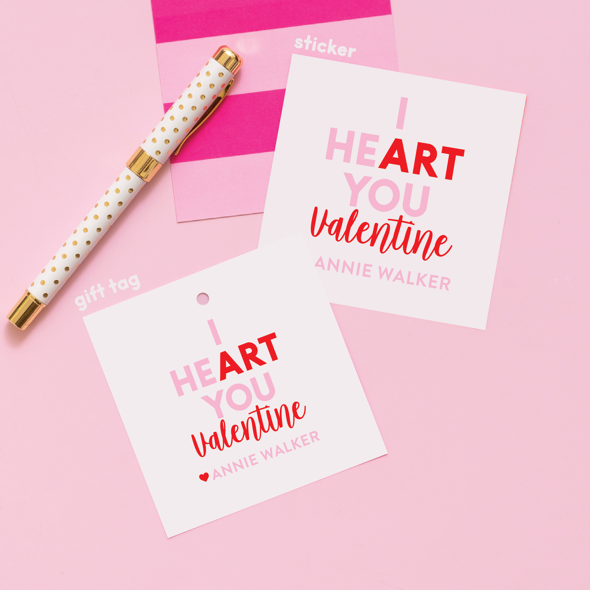 Art Valentine's Stickers or Gift Tags Pink