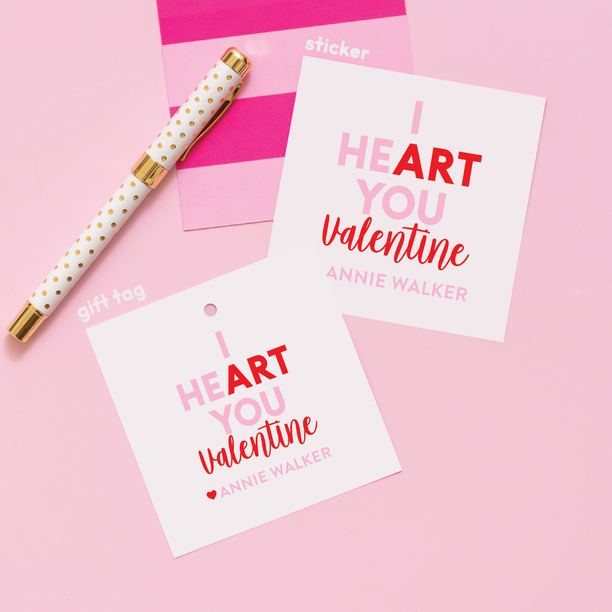 Art Valentine&#39;s Stickers or Gift Tags Pink