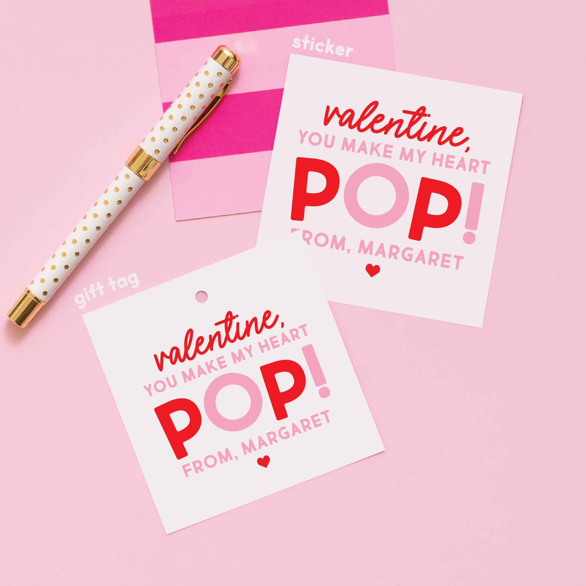 Pop It or Popcorn Valentine's Stickers or Gift Tags Pink