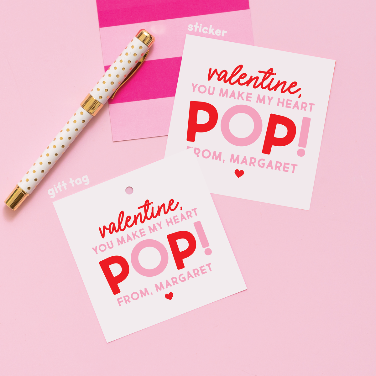Pop It or Popcorn Valentine&#39;s Stickers or Gift Tags Pink
