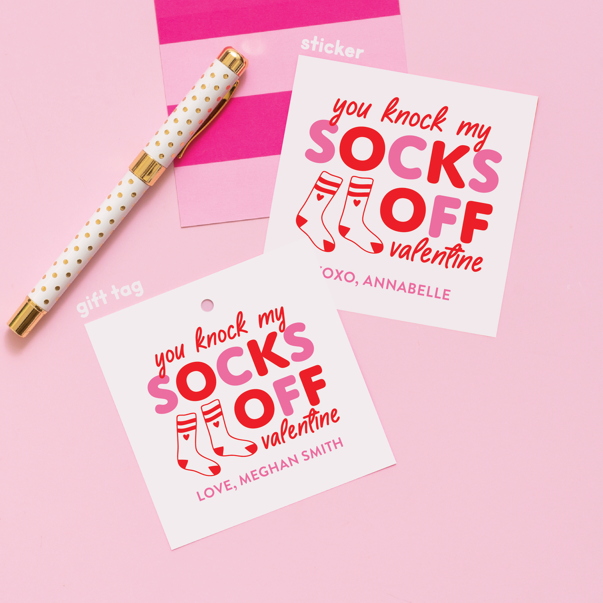 Socks Valentine&#39;s Stickers or Gift Tags Pink