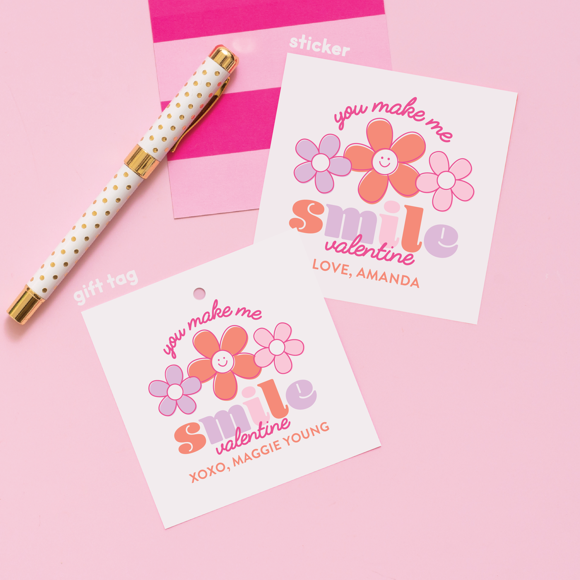 Smile Valentine's Stickers or Gift Tags Pink