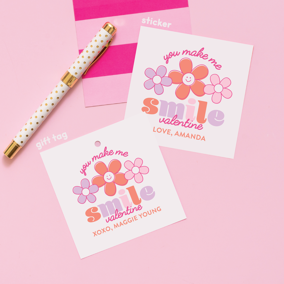 Smile Valentine&#39;s Stickers or Gift Tags Pink