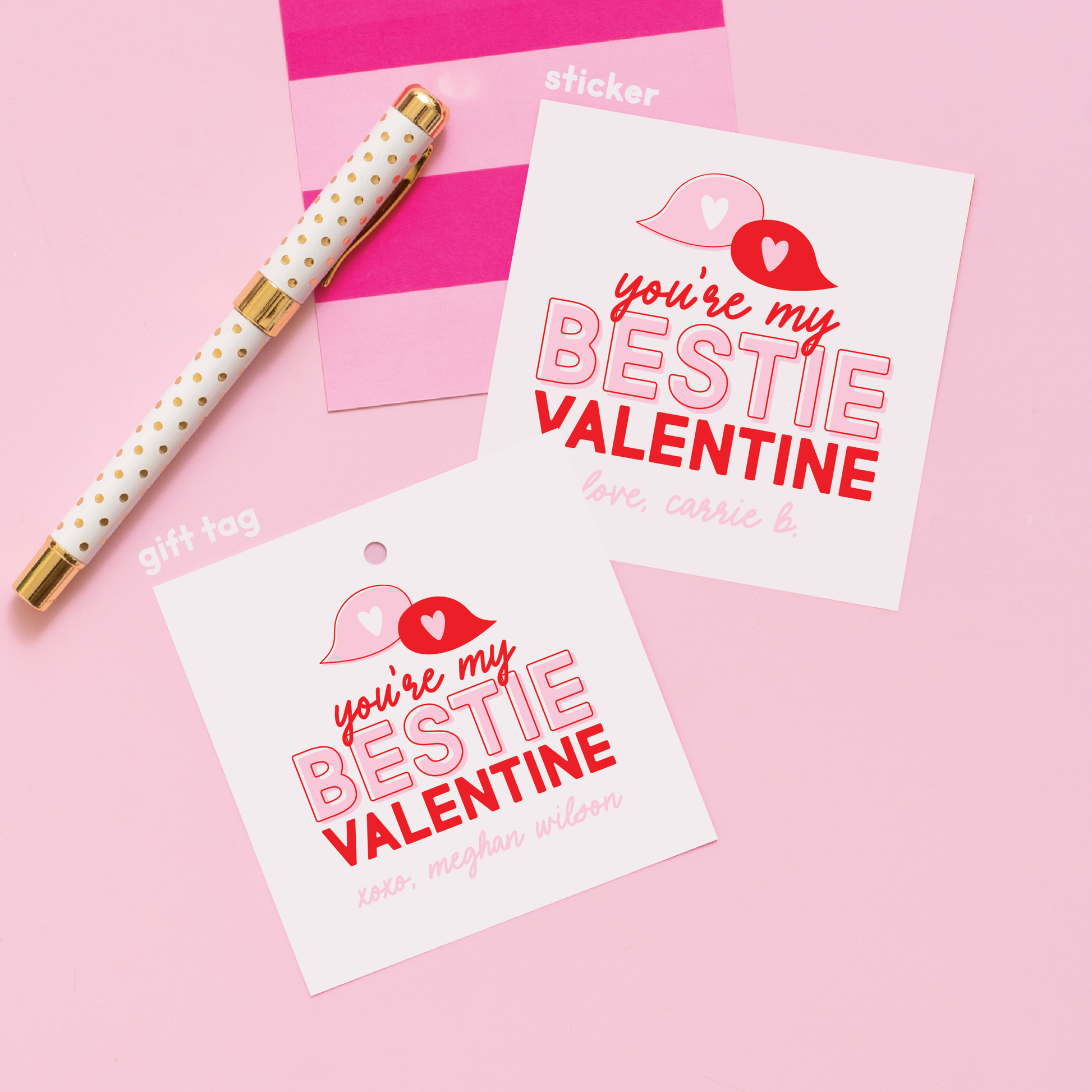 Bestie Valentine's Stickers or Gift Tags Pink