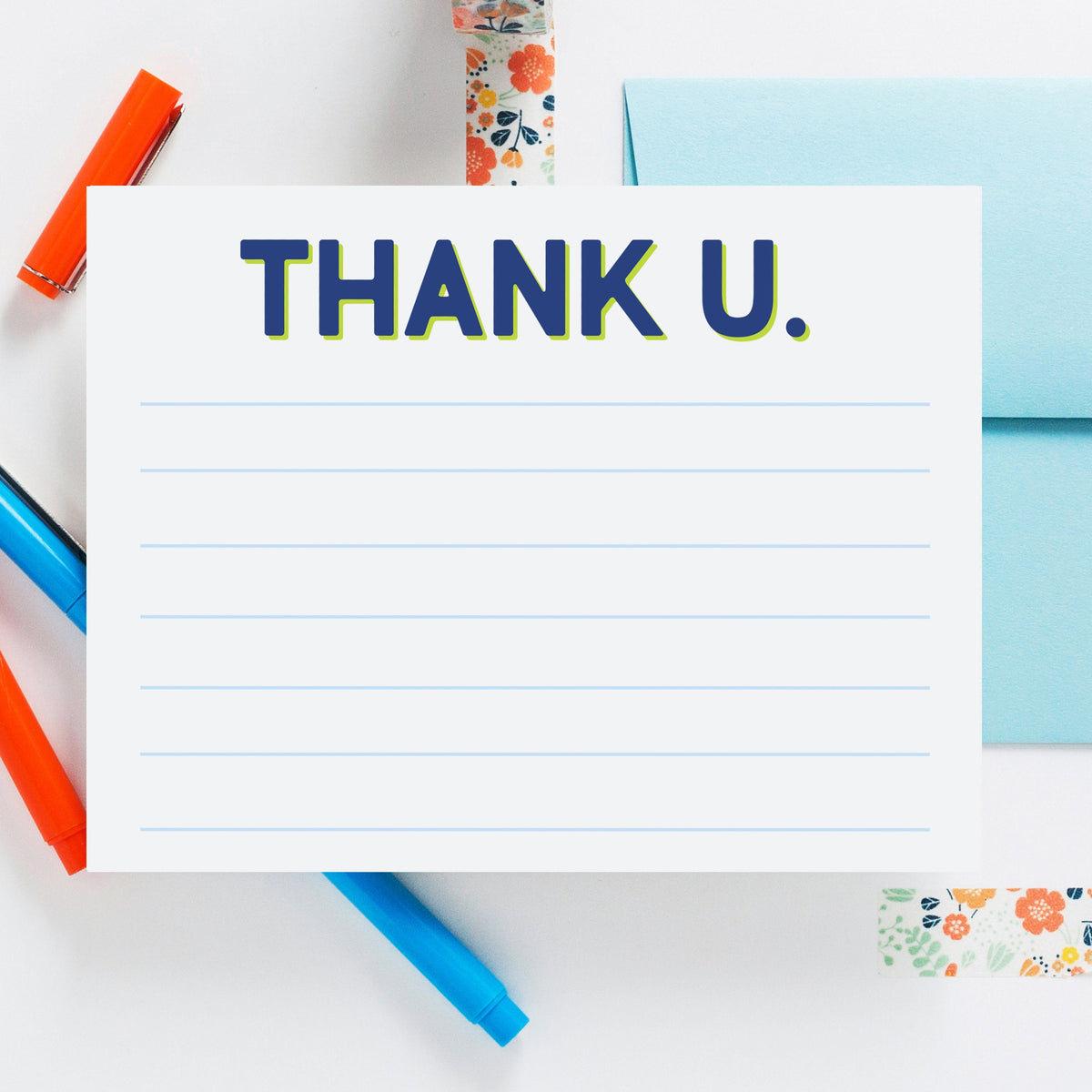 Thank U. Lined Blue Notecard, Kids Thank You Note, Colorful Notecard, Thank You Notes, Stationery, Gratitude Note Card 04ENC - Joy Creative Shop